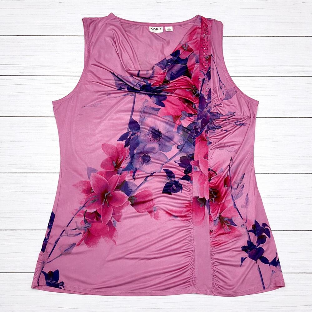 Cato Floral Ruched Stretch Tank Polyester Pink XL Romantic Y2K